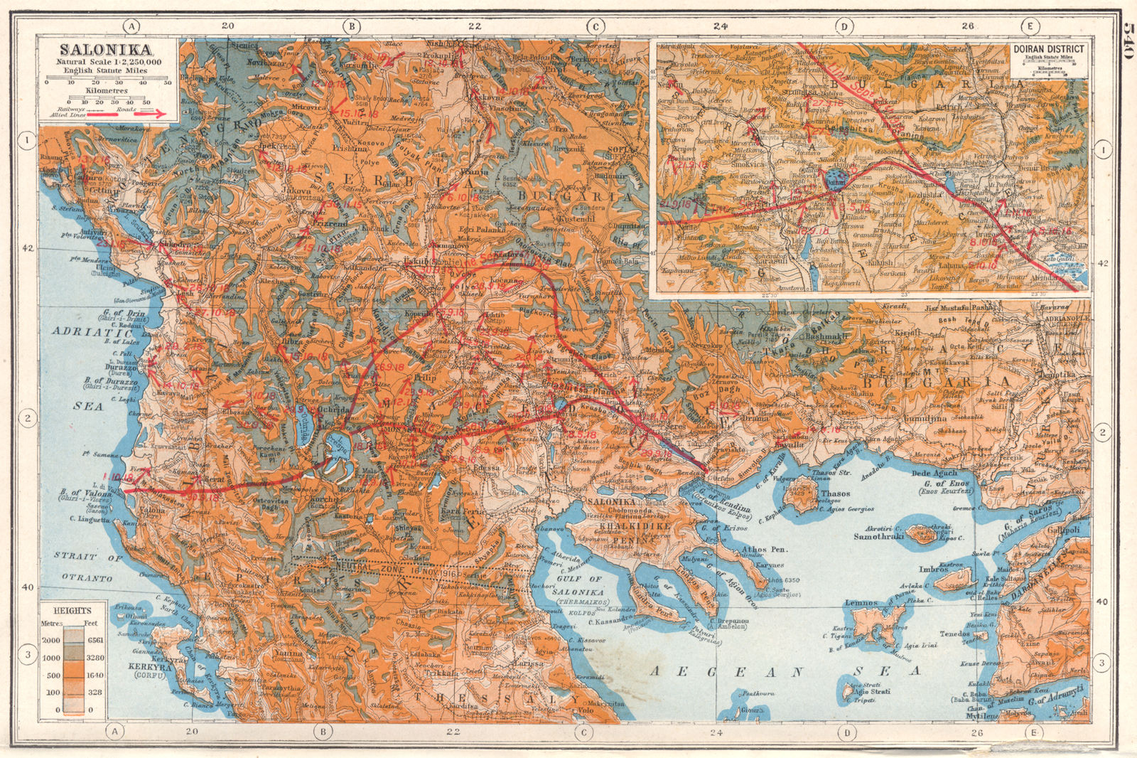 BALKANS.Greece Thessaloniki;Doiran District. World War 1 battle lines 1920 map